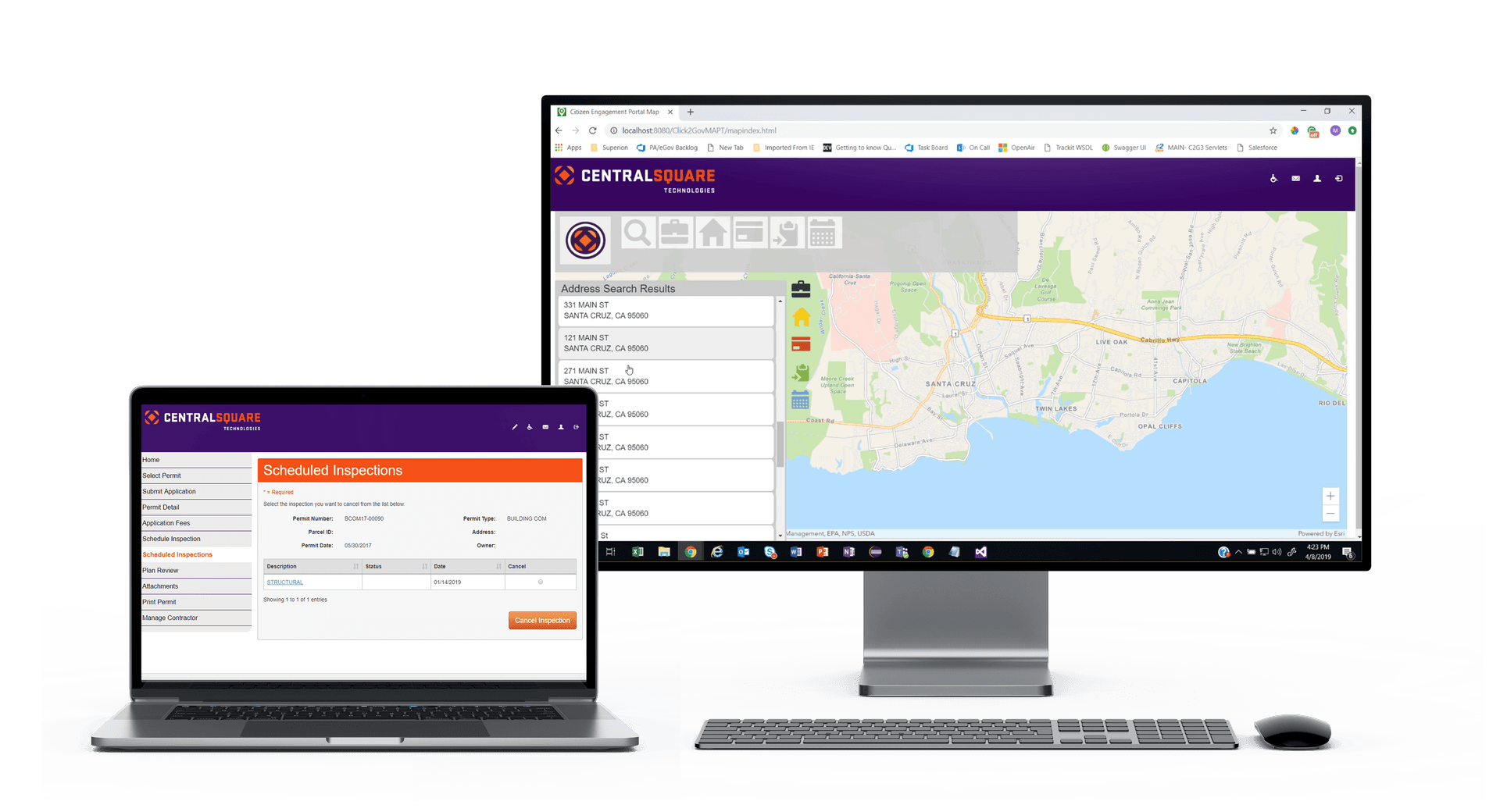 A mockup on Citizen Engagement Software on a laptop and desktop.